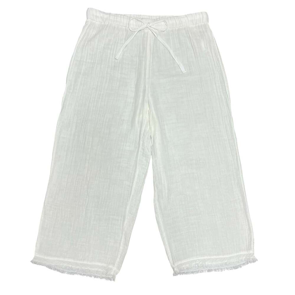 Eileen Fisher Pants Womens Large White Gauze Wide Leg Frayed Hem Organic Cotton